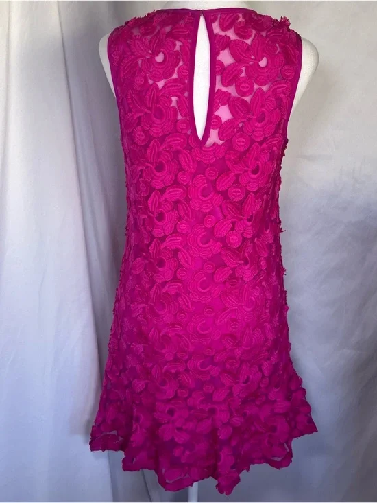 Trina Turk Floral Appliqué Lace Sleeveless Drop Waist Cocktail Dress Fuchsia 2 - Picture 7 of 9